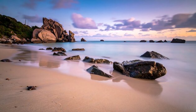Serene coastal scene at dusk, with large rock formations on the shore, tranquil water, and colorful sky