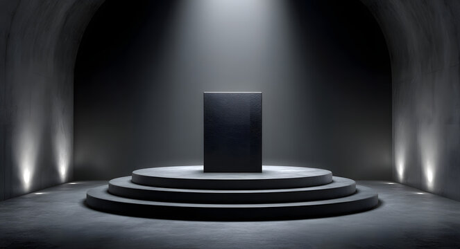 Blank podium on black satin backdrop — 3D render for Black Friday sale and marketing visuals