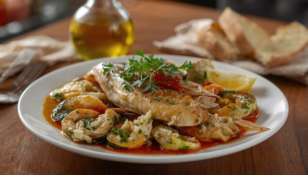 Mixed seafood dish featuring fish and garlic sauce, highlighting protein-rich meal