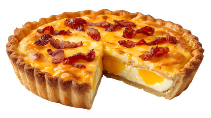 Savory pie with eggs, cheese, and bacon, cut slice showing creamy filling