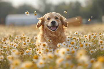 Golden Retriever in Daisy Field with Smiling with Flowers, Happy Dog Portrait, and Sunny Day.