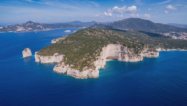 Aerial view of striking white cliffs at Cape Drastis, showcasing natural scenery and erosion risk