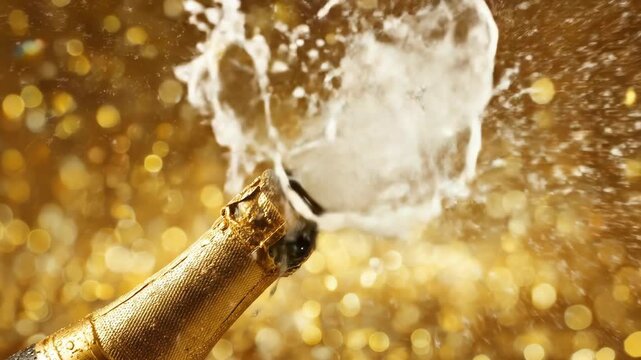 Champagne popping with golden bokeh background, slow motion loop footage