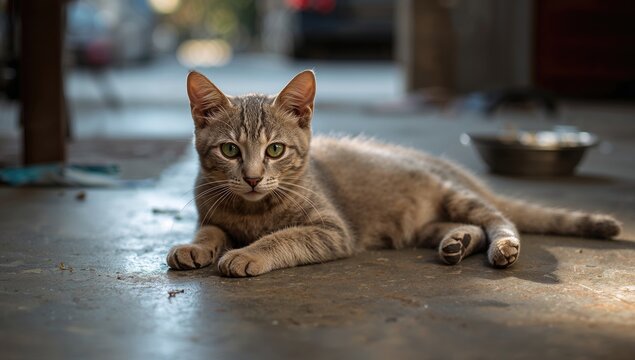 Adorable young grey cat resting on concrete surface, embodying relaxation