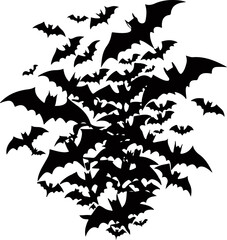 A swarm of black bats flying in a chaotic formation
