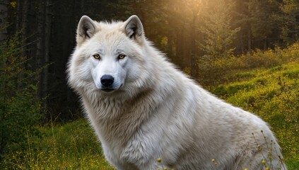 Obraz premium Majestic white wolf amidst lush forest scenery, symbolizing wildlife preservation