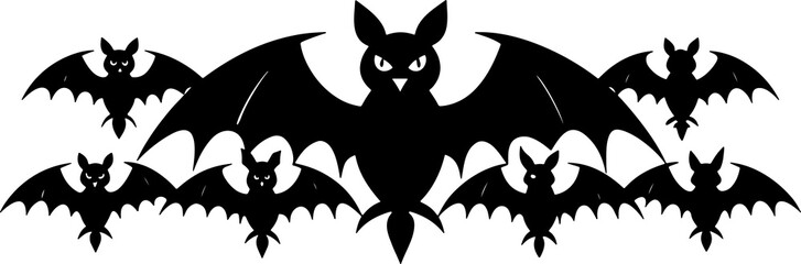A swarm of silhouetted bats flying in a curve against