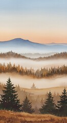 Misty Mountain Landscape with Evergreen Trees and Golden Light.