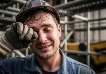 Vulnerability Transformed into Victory: Exhausted Worker Smiling with Relief After Overcoming a Tough Challenge at Work.