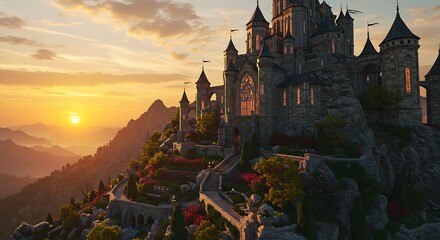 Majestic Castle on a Mountain Peak at Sunset.