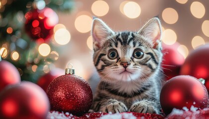 Fototapeta na wymiar Festive cat playful scene cozy home cute animal photography christmas environment close-up holiday cheer