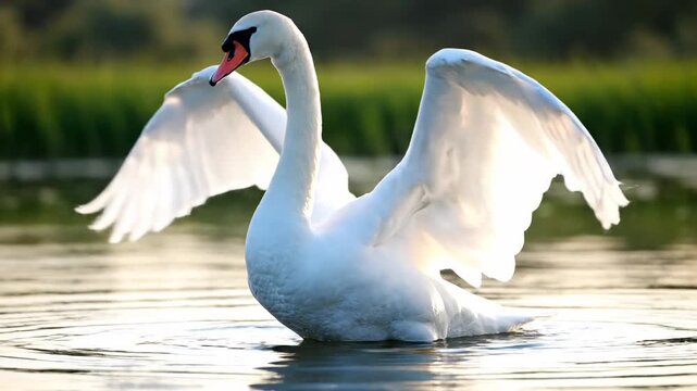 Majestic mute swan spreading its wings on a tranquil lake. The elegant bird flaps its large wings, showcasing its beautiful plumage