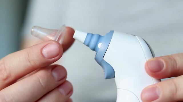 Close up of a female changing a plastic protective cup on a modern digital fever thermometer