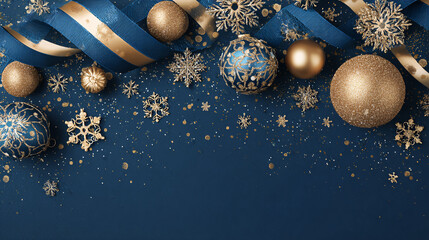Elegant Blue and Gold Christmas Decorations with Snowflakes and Ribbons