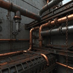 Industrial Steampunk Pipes and Machinery with Copper Accents.