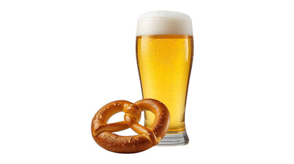 Pretzel beside glass of golden beer, condensation droplets visible