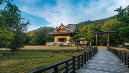 Izumo shrine surrounded by nature, showcasing architectural beauty and cultural heritage, preservation