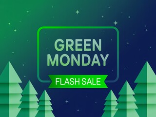Green monday flash sale announcement with festive trees and starry night sky background