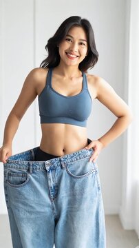 The woman  has lost weight, so her old pants are too big, her hands shaking the pants from side to side to show that the pants are really loose