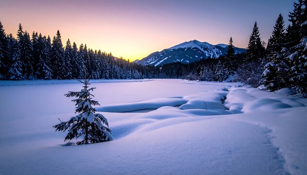 Snowy lake landscape at sunset with evergreen trees lining the banks and a mountain in the distance - Powered by Adobe