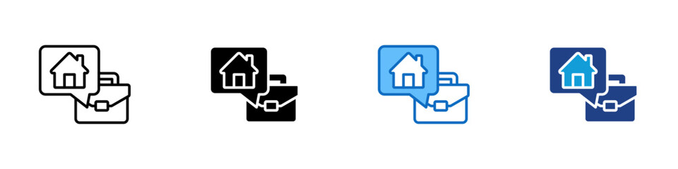 Work Communication Multiple Style Icon Design Vector - chat window with house and briefcase icons, representing remote teamwork, online meetings, and digital collaboration