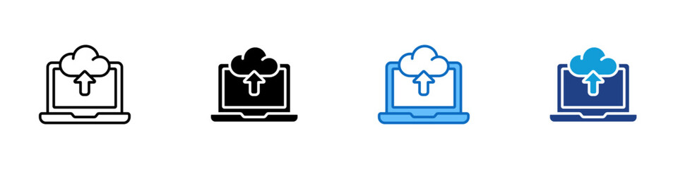 Cloud Upload Multiple Style Icon Design Vector - laptop with an upload arrow to a cloud, symbolizing cloud storage, file sharing, and online data transfer