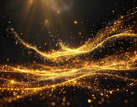 Golden particles swirl on a dark background