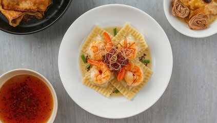 Egg dumplings featuring shrimp and black truffle served on a white plate, a protein-rich meal choice