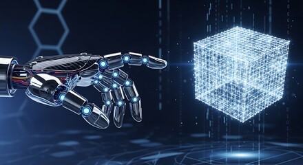 Robotic Hand Interacting with Digital Cube - Future Technology Concept.