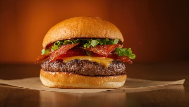 Burger topped with bacon, cheese, and fresh greens, protein-rich meal