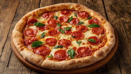 A traditional pizza adorned with tomato sauce and cheese, resting on a rustic wooden surface, a fiber-dense choice