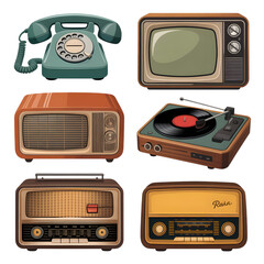 Naklejka premium Collection of retro electronic devices including vintage radios and a classic telephone isolated on a transparent background for design usage.