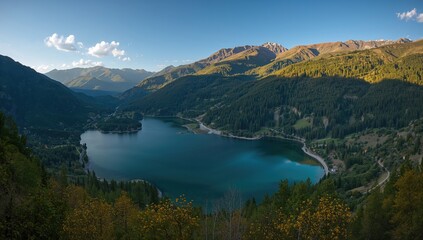 A serene lake surrounded by towering mountains, showcasing natural beauty, preservation