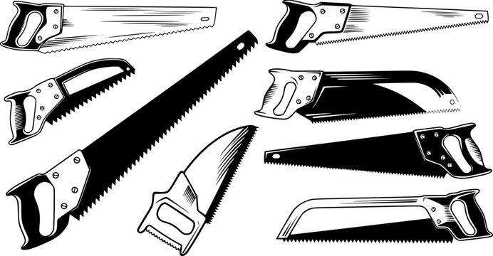 Vector illustration of various saws, high contrast, black and white, sharp lines, industrial design, simple background.

