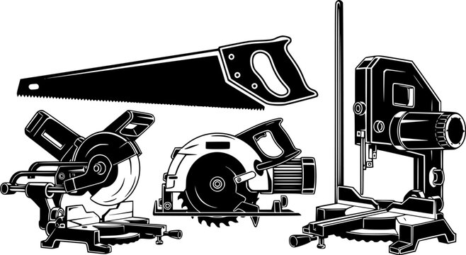 Vector illustration of various saws, high contrast, black and white, sharp lines, industrial design, simple background.

