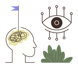 Human head with tangled brain lines, a digital eye with nodes connecting it to technology, and green foliage. Ideal for AI, mindfulness, mental health, neuroscience, innovation, future technology
