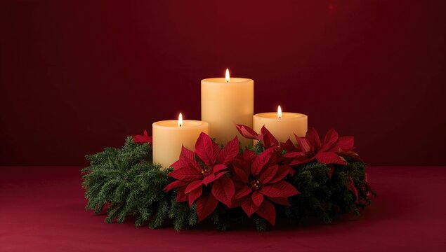 Christmas candles arranged with a wreath and poinsettia on a red backdrop, seasonal decor theme