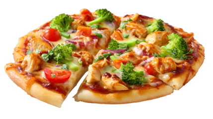 Delicious whole chicken and broccoli pizza with cherry tomatoes isolated on transparent background