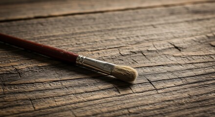 Paintbrush resting on weathered wooden surface, artistic tools.