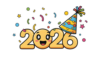 Obraz premium Happy new year 2026 smiley face party hat isolated on transparent background