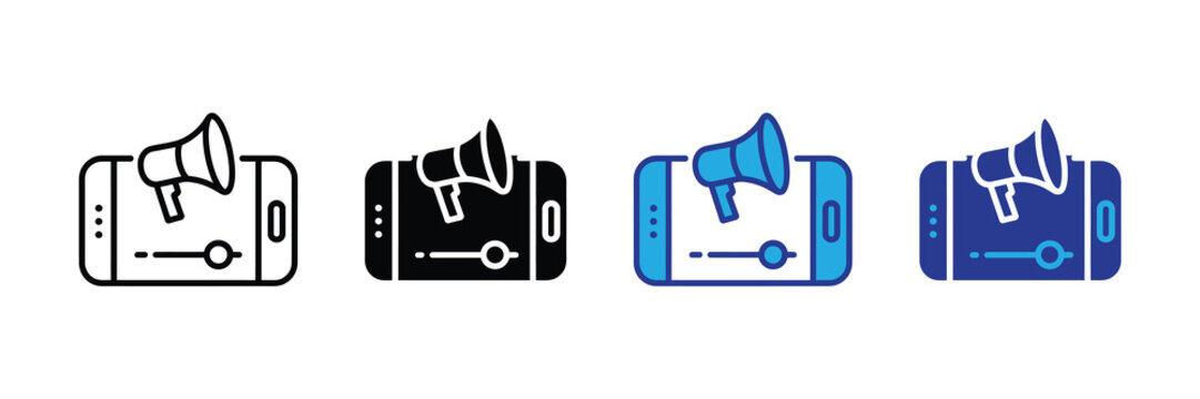 Mobile marketing icons with megaphone and slider, representing digital advertising and promotion on smartphones