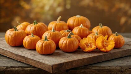 Tiny orange gourds on weathered wooden planks background