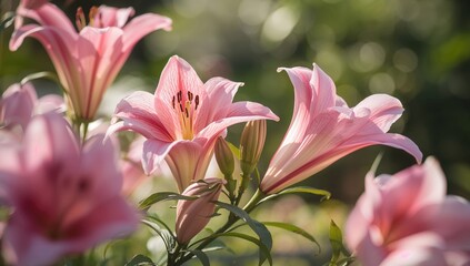 Fototapeta premium Close-Up Of Vibrant Pink Lilies Flourishing In The Garden, Seasonal Beauty