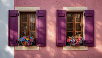 A decorated pink building exterior featuring purple window shutters, architectural detail and color contrast
