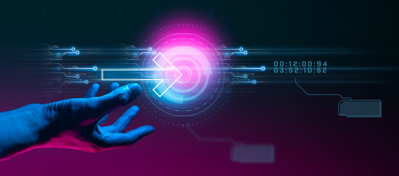 hand of businessman interactive touching a holographic system network and technology, sci-fi cyberpunk hud