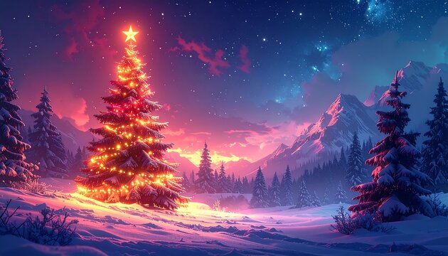 Snowy landscape with a glowing Christmas tree under a starry sky and distant mountains at dusk