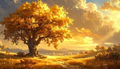 Golden-hued tree dominates a sunlit landscape, bathed in an autumnal light with rolling hills and a cloud-filled sky