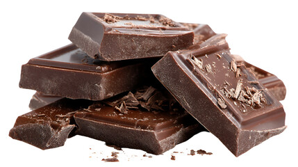 Heap of delicious dark chocolate pieces isolated on transparent background