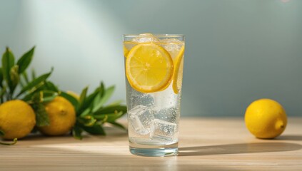 Tall Glass Filled with Refreshing Lemon-Infused Water