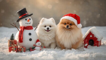 A fluffy pomeranian dog wearing a Santa Claus cap alongside a snowman and a white pomeranian, festive spirit